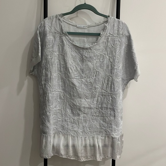 Tempo Paris Tops - Tempo Paris Linen Silk Short Sleeve Embroidered Front Top Blouse Lace Women